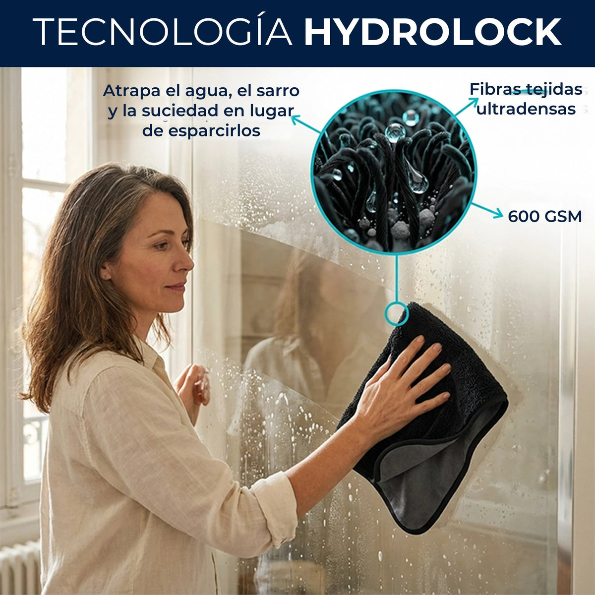 HYDROLOCK technology: ultra-dense 600 GSM woven fibers that trap water and hard water buildup
