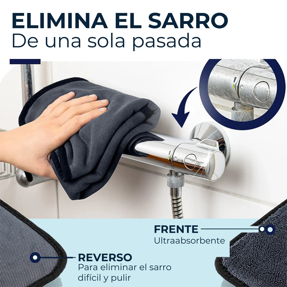 Double-sided: an ultra-absorbent front and a back for tough hard water stains and polishing