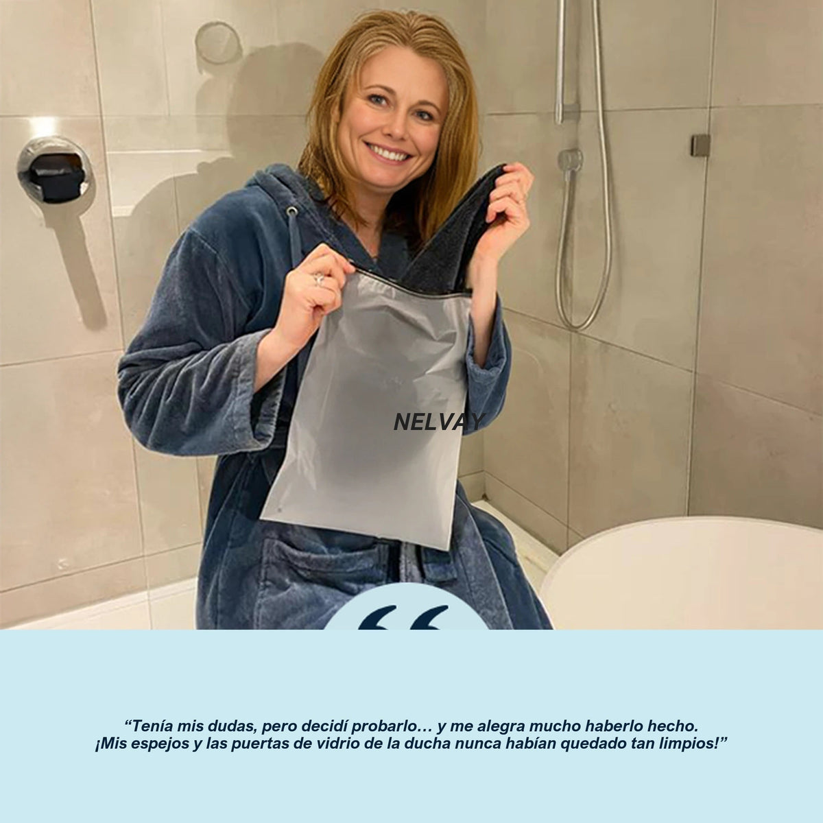 Customer smiling with her KAVAREL cloth in the bathroom: her mirrors and shower door have never been this clean